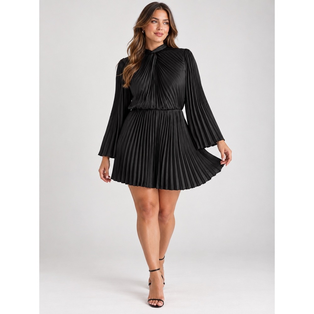 Express Black Pleated Mini Dress XL Long Sleeve High Neck Tie Neck